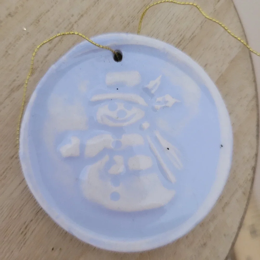 Vintage Blue Ceramic Christmas Ornaments Set Noel Bell and Snowman Disc 2pc